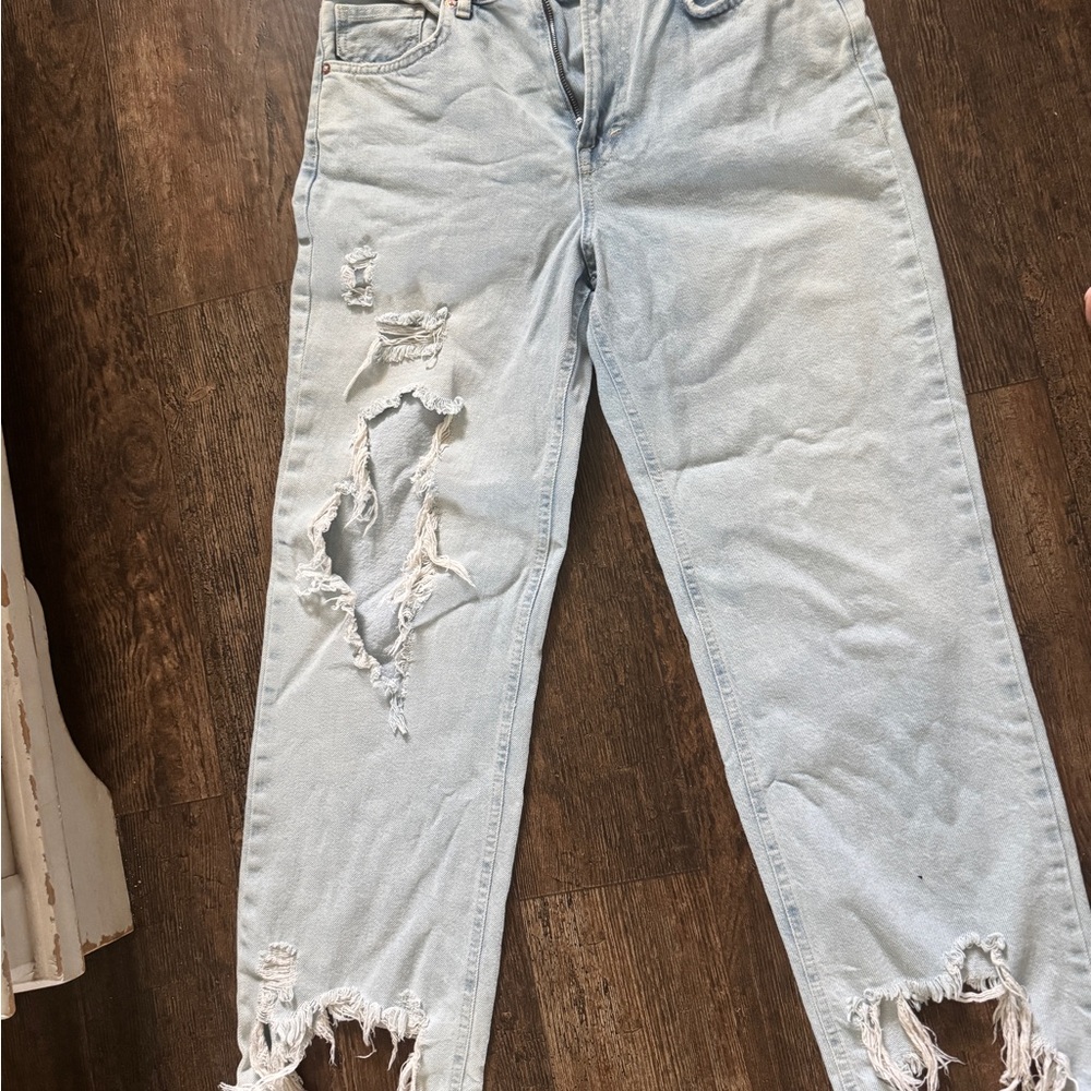 We The Free Blue Boyfriend Jeans with Vintage Distressing